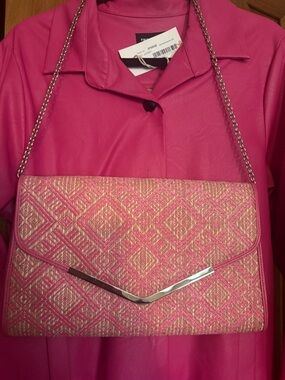 Poppie Pink Woven Geometric Clutch with Silver Chain